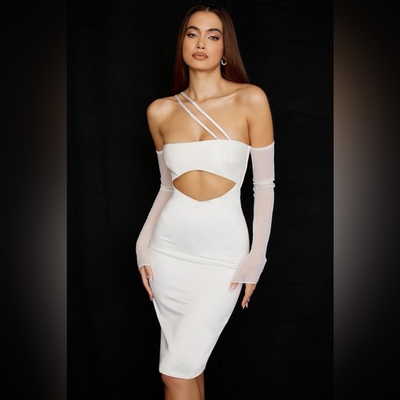 House of CB Loulou Ivory Satin Cutout Midi Dress White Embellished - Picture 5 of 6
